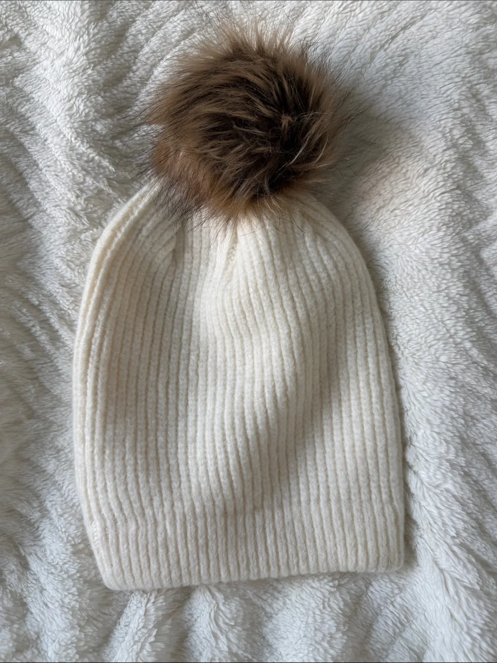 Nike Cream Ribbed Knit Beanie with Brown Faux Fur Pom